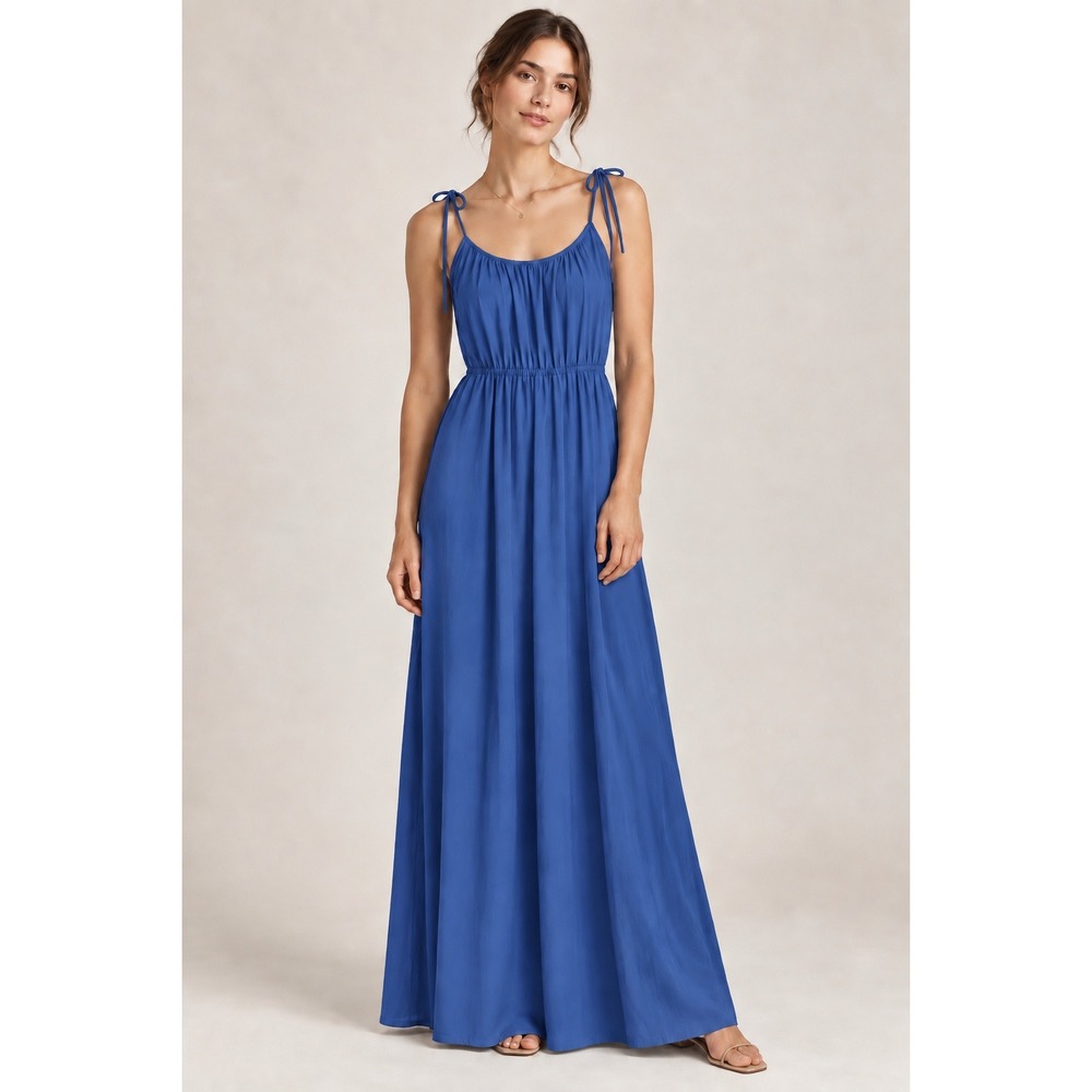 Theory Size S Tylie Maxi Dress Blue Shoulder Tie Spaghetti Strap Elastic Waist